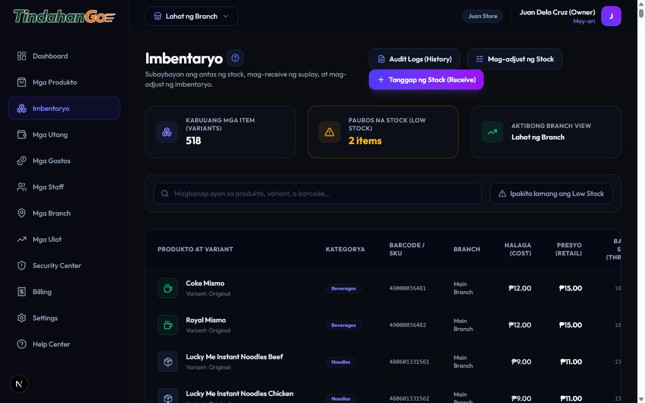 TindahanGo inventory screen